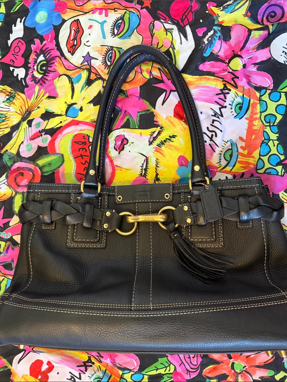 Vintage Coach Black Hamptons Carryall Satchel / Purse / Bag w/Gold Hardware